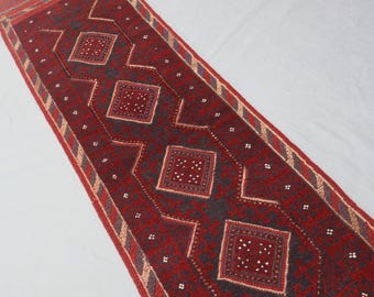 2x8 Runner Rug, Afghan Vintage Handmade Rug, Wool Runner Rug, Geometric Mashwani Rug, Red Oriental Rug, Hallway Runner, Kitchen Rug, 1'9"x8'