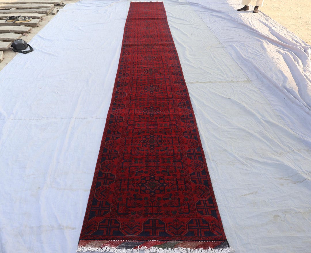 23 Ft Extra Long Runner, Afghan Tribal Rug, Hand Knotted Wool Rug ...