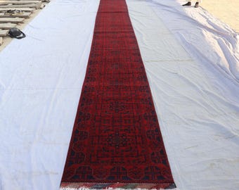 23 ft Extra Long Runner, Afghan Tribal Rug, Hand Knotted Wool Rug, Oriental Turkmen Rug, Red Bukhara Rug, Hallway Runner, Stairs Runner Rug