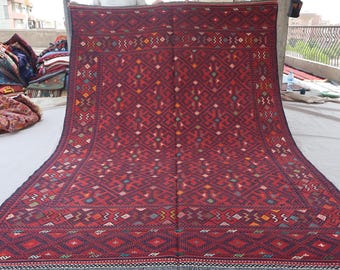 7x10 ft Red Antique Soumak Rug, Afghan Handmade Kilim Distressed Wool Rug, Oriental Bukhara Rug, Turkmen Flatweave Rug, Bedroom, Office Rug