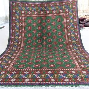 5x8 Green Afghan Rug Turkmen Tribal Bukhara Rug, Hand Knotted veg dyes Wool Oriental Rug, Traditional Area Rug, Bedroom Rug, Living Room Rug