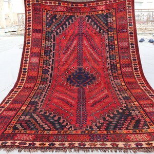 5&#39;1x8&#39;2 ft Caucasian Antique Rug, Handmade Wool Rug, Red Afghan Vintage Rug, Oriental Geometric Rug, Turkmen Tribal Area Rug, Bedroom Carpet