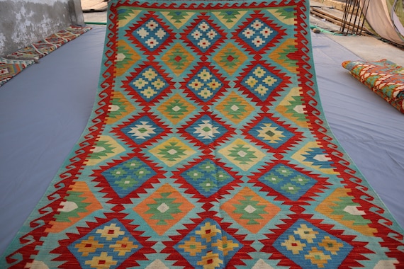 パキスタン製　ウールキリム　アフガンキリム 6x8 アフガニスタンキリムラグ、ソフトブルーレッドハンドメイドウール
