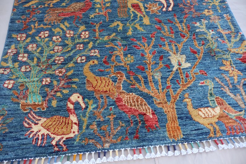 3x5 Blue Afghan Pictorial Rug Tree of Life Hand Knotted Veg Dye Wool