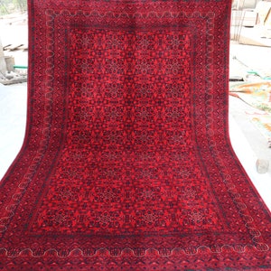 7x10 Ft Large Area Rug | Red Afghan Hand Knotted Wool Rug | Oriental Bokhara Turkmen Rug | Tribal Bukhara Rug | Living Room Rug, Bedroom Rug