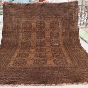Terracotta Vintage Rug 6&#39;8x8&#39;6 ft Turkmen Ersari Tribal Faded Low Pile Wool Rug, Afghan Handmade Oriental Rug, Living Room Rug, Bedroom rug