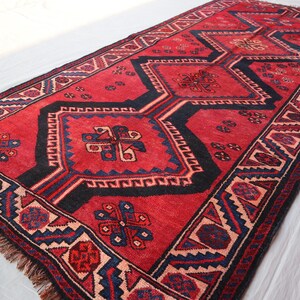 4x8 Vintage Rug, Geometric design Caucasian Red Rug, Hand Knotted Wool Rug, Antique Afghan Old Style Tribal Rug, Kitchen Rug, Bedroom Carpet