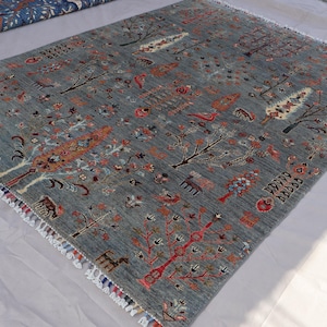 Natural Rug 5x7 Tribal Pictorial Rug, Gray Afghan Hand Knotted veg dyes Wool Area Rug, Animal Birds Trees Art Gabbeh Rug, Living Room Carpet