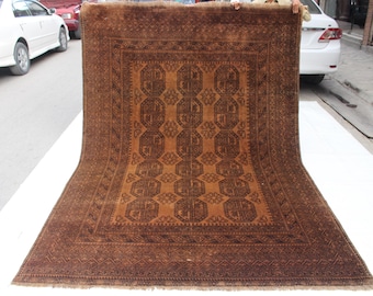 Alfombra antigua de los años 40, 201 x 292 cm, terracota, afgana, hecha a mano, estilo turcomano de Bujará, de pelo corto, de lana, estilo vintage descolorido, ideal para sala de estar o dormitorio.