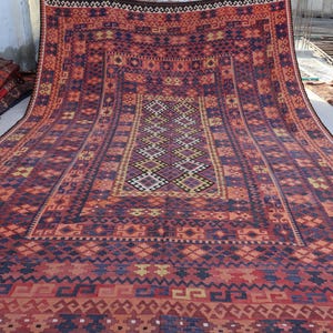 10x16 Afghan Large Kilim Rug Terracotta Vintage faded distressed Handmade Wool Area Rug, 1960s Antique Flatweave Kilim Rug, Dining Table Rug