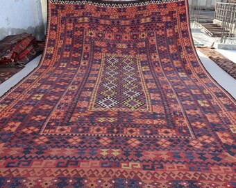 10x16 Afghan Large Kilim Rug Terracotta Vintage faded distressed Handmade Wool Area Rug, 1960s Antique Flatweave Kilim Rug, Dining Table Rug