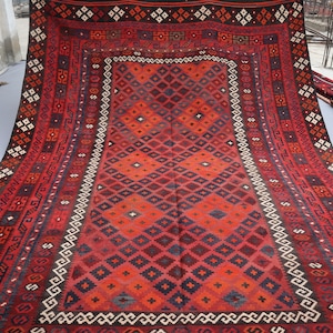 8x13 Large Vintage Afghan Rug Orange Red Faded Geometric Area rug, 100% Wool Handmade Flatweave Kilim Rug, Turkmen Oriental Rug, Bedroom Rug