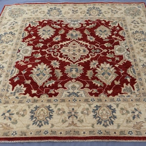 6x6 Square Rug Geometric Red Beige Fine Afghan Hand Knotted Veg dyes Wool Square Rug, Rugs for Living room, Bedroom Rug, Dining Table Carpet