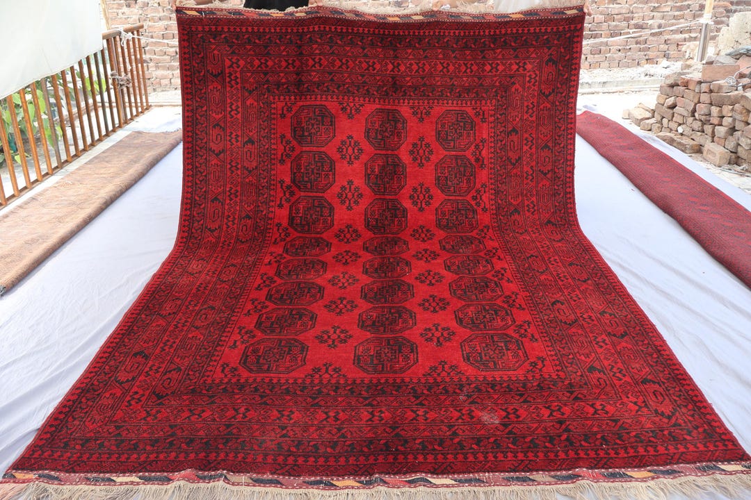 Collectors Piece 7x9 Large Afghan Vintage Rug, Low Pile Red Rug, 100% ...