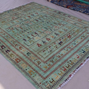 5x7 Tribal Pazyryk Rug, Animal Pictorial Hand Knotted veg dyes Wool Afghan Rug, Home decor, Turquoise Green Oriental rug, Living Room Carpet