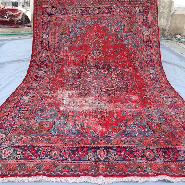 6'5x9'6 ft Red Vintage Rug, Antique Turkish Heriz design Medallion Rug, Afghan Hand Knotted low pile Wool Caucasian rug, Rug for Living Room