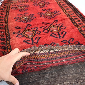Antique Cushion Cover, 3x4 Vintage Afghan Handmade Wool Rug, Tribal Cushion Cover Rug, Genuine Baluchi Balisht Red Rug, Oriental Turkmen Rug