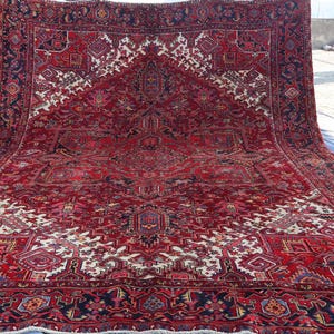9x12 Red Antique Heriz Rug, Collectors piece Rug, Authentic Handmade Low Pile Wool Rug, Geometric Vintage Rug, Living Room Rug, Bedroom Rug