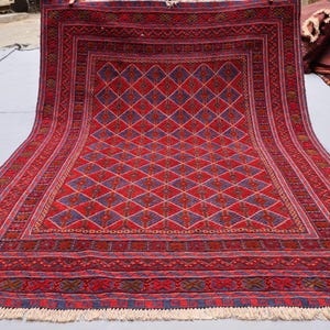 5x7 ft Fine Afghan Geometric Mashwani Baluchi Rug, Turkman Handmade Soft Wool Rug, Red Tribal Area Rug, Vintage Oriental Rug, Bedroom Rug