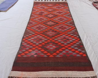 1940s Antique Geometric Rug 4'6x12 ft Afghan Wide Runner Rug Flatweave Kilim Rug, Turkmen Tribal Kilim Rug, Entryway Rug Runner, Kitchen Rug