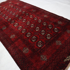 3&#39;7x7&#39;5 ft Antique Bokhara Rug Afghan Hand Knotted veg dyes Wool Area Rug, High Pile Vintage Red Tribal Rug, Turkmen rug, Entryway Carpet