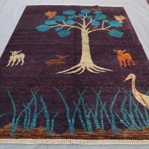 5x7 Birds Gabbeh Rug - Purple Afghan Tree of Life Hand knotted Natural dyes Wool Area Rug - Rug for living room - Bedroom Rug - Oriental Rug