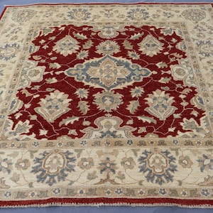 6x6 ft Tribal Square Rug, Geometric Afghan Rug, Hand Knotted Wool Rug, Oriental Rug, Gray Beige Red Square Rug, Living Room Rug, Bedroom Rug