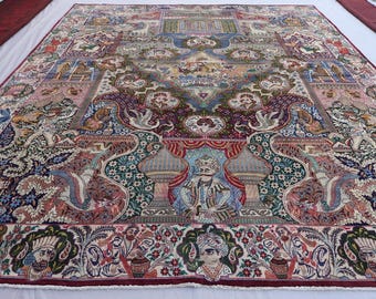 10x13 Vintage Pictorial Area Rug, Handmade High Pile Wool Rug, Antique Hunting Scene Rug, Afghan Animal Pictorial Rug, Collectors piece Rug
