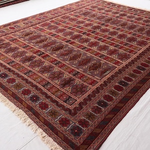 1970s Antique Rug 7x9 Gray Red Afghan Vintage Handmade Wool Rug, Mashwani Tribal Baluchi Oriental Area Rug, Turkmen Nomadic Bukhara Carpet