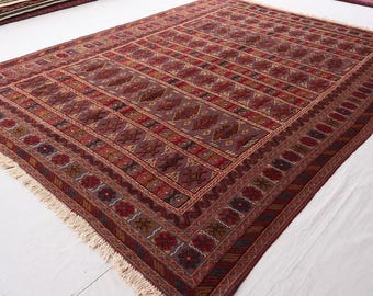 1970s Antique Rug 7x9 Gray Red Afghan Vintage Handmade Wool Rug, Mashwani Tribal Baluchi Oriental Area Rug, Turkmen Nomadic Bukhara Carpet