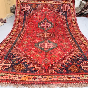 5&#39;4x8&#39;6 ft Collectors Piece Antique Low Pile Wool Rug, Handmade Vintage Geometric, Afghan Caucasian Pictorial Tribal Style, Oriental Red Rug
