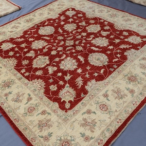 7x7 Red Square Rug Afghan Sultani Oushak rug Handmade Wool Rug, Turkmen Oriental Rug for Living Room, Bedroom, Dining Table Carpet 6&#39;6x6&#39;10&quot;
