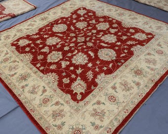 Tappeto quadrato rosso 7x7, tappeto afghano Sultani Oushak, tappeto in lana fatto a mano, tappeto orientale turkmeno per soggiorno, camera da letto, tavolo da pranzo, tappeto 6'6x6'10"