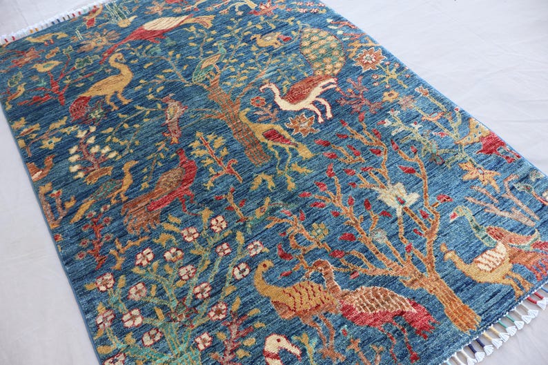 3x5 Blue Afghan Pictorial Rug Tree of Life Hand Knotted Veg Dye Wool