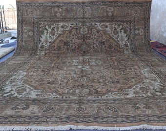 1940s Antique 10x13 Terracotta Brown Afghan Handmade Rug Turkmen Caucasian Tribal Rug Low pile Wool Faded Vintage Rug, Large Living Room Rug