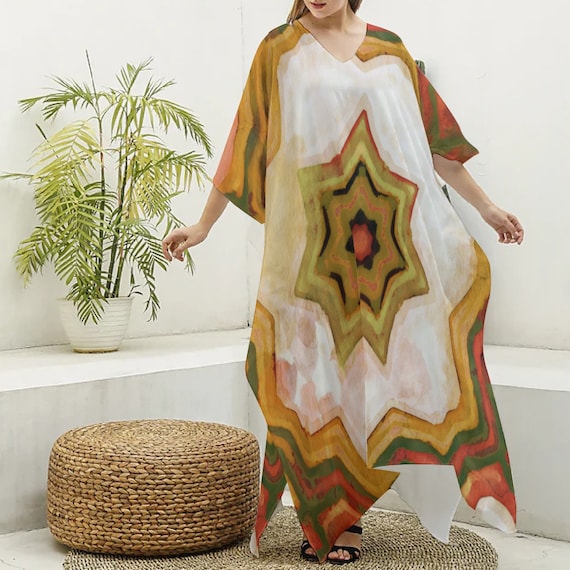 Caribbean Star: All-Over Print Women's Imitation Silk V-neck Kaftan Robe