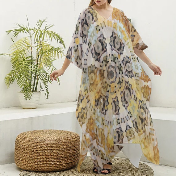Grounded Azteca: All-Over Print Women's Imitation Silk V-neck Kaftan Robe