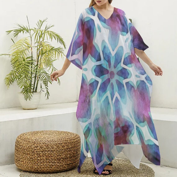 Midnight Lightning: All-Over Print Women's Imitation Silk V-neck Kaftan Robe