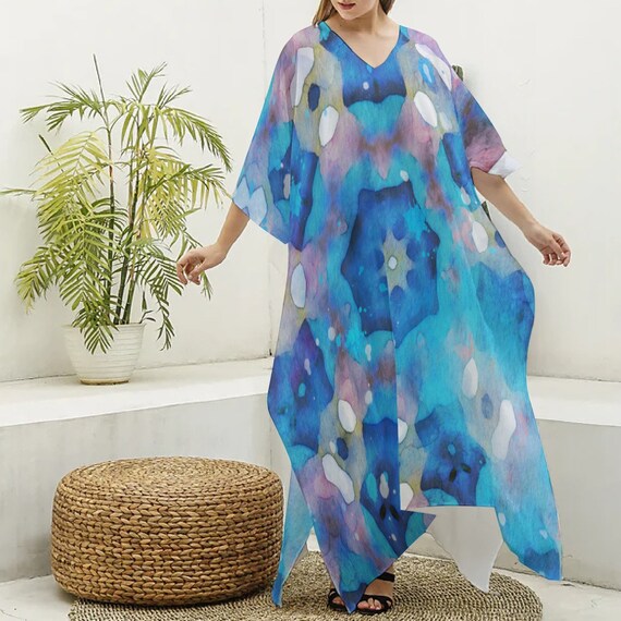 Midnight Ocean: All-Over Print Women's Imitation Silk V-neck Kaftan Robe