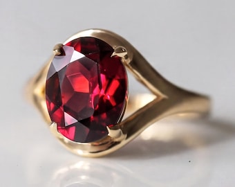 14K massief gouden 2,5 kt granaatring, ovale verlovingsring, rode steen, geboortesteen januari, cadeau, jubileum, Valentijnsdag, liefde, verloving
