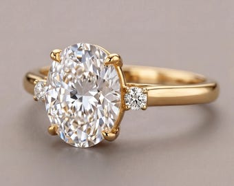 Oval Diamond Ring 14k Solid Gold • Engagement • Valentines • Proposal • Matching band • Three Stone ring • 3 Diamonds • Flush Band • Fine