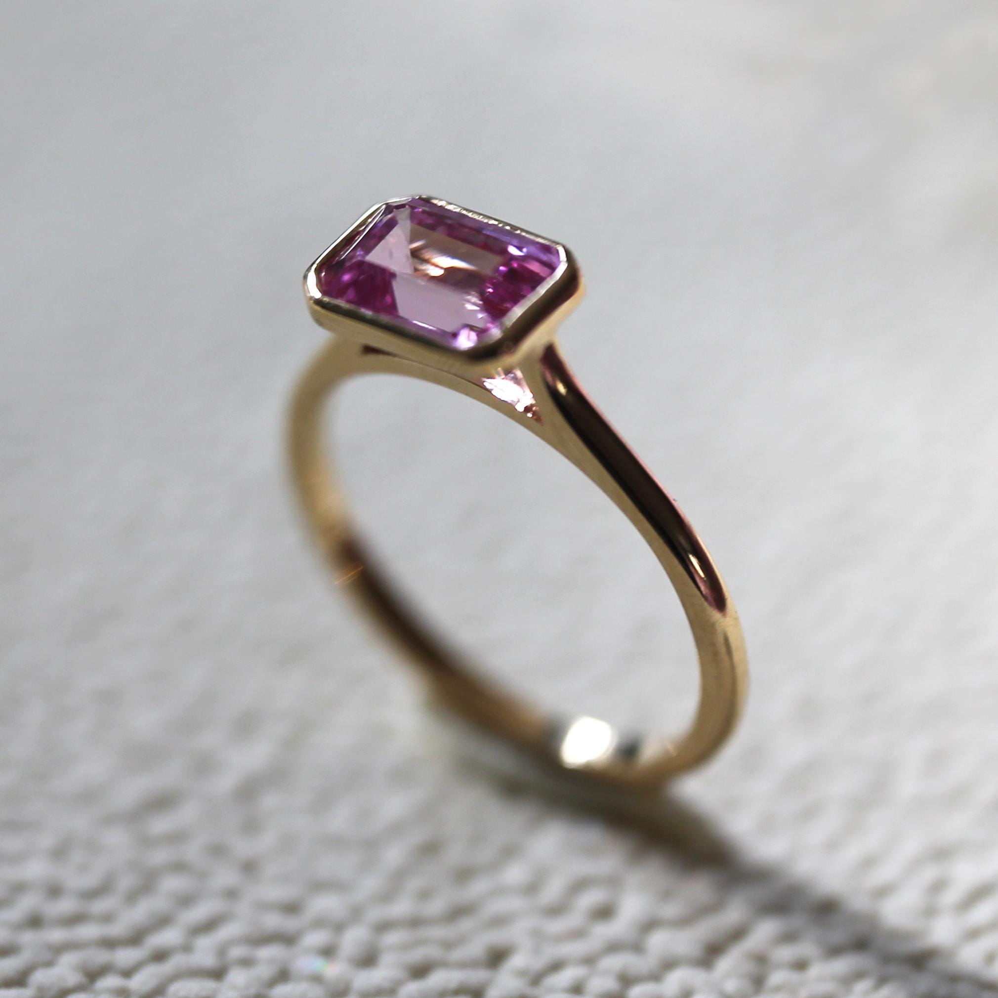 14K Solid Gold Pink 1.5ct Sapphire Ring, Emerald Cut Engagement Ring, Pink stone, Bezel Set, September Birthstone, Gift, Anniversary gifts