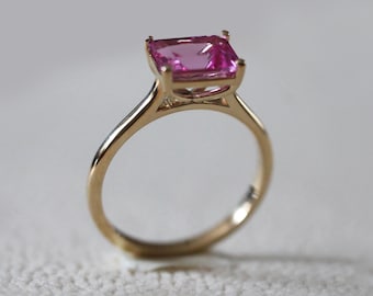 14K Solid Gold 2ct Pink Sapphire Ring, Emerald Cut Engagement Ring, Pink stone, Prong Set, September Birthstone, Gift, Anniversary gifts
