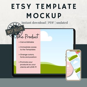 Può includere: Un mockup di modello Etsy visualizzato su un tablet e uno smartphone. Il tablet mostra un paesaggio rosa e blu con il testo: "Il prodotto" e punti elenco. Lo smartphone mostra un design simile. Il testo recita "IL PIÙ VENDUTO".