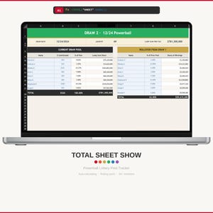May include: A laptop screen displays a spreadsheet titled "DRAW 2 - 12/24 Powerball" with financial data, including draw date, jackpot, and pool information. The text "TOTAL SHEET SHOW" is below the laptop, along with "Powerball Lottery Pool Tracker".