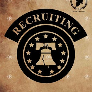 Könnte beinhalten: Schwarzweißes Grafikdesign einer Freiheitsglocke mit 13 Sternen drumherum. Der Text "RECRUITING" befindet sich auf einem schwarzen Banner um die Glocke. Die Grafik befindet sich auf einem braunen Hintergrund.