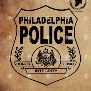 May include: Black and white Philadelphia Police badge design. The badge features the words "PHILADELPHIA POLICE" at the top, with "POLICE" in large letters. Below, it reads "HONOR", "INTEGRITY", and "SERVICE". The image also includes the text "Digital File SVG".