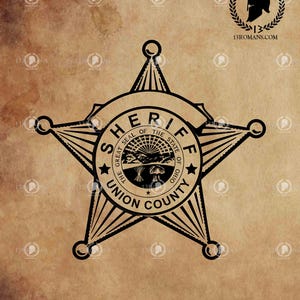 May include: Black and white illustration of a sheriff's star badge with the words "Sheriff", "Great Seal of the State of Ohio", and "Union County".