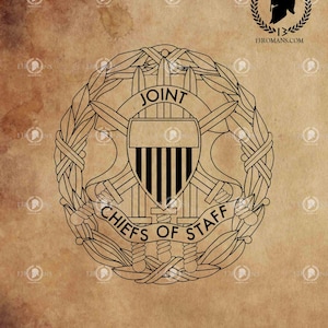 Puede incluir: Ilustración en blanco y negro del emblema de los Jefes de Estado Mayor Conjuntos, con espadas cruzadas, un escudo y el texto «JOINT CHIEFS OF STAFF». El diseño está sobre un fondo sepia, con el texto «Digital File SVG» en la parte inferior.