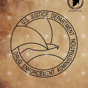 May include: Black and white illustration of the seal of the U.S. Drug Enforcement Administration. The seal features an eagle with wings spread, a mountain range, and the text "U.S. Justice Department Drug Enforcement Administration".
